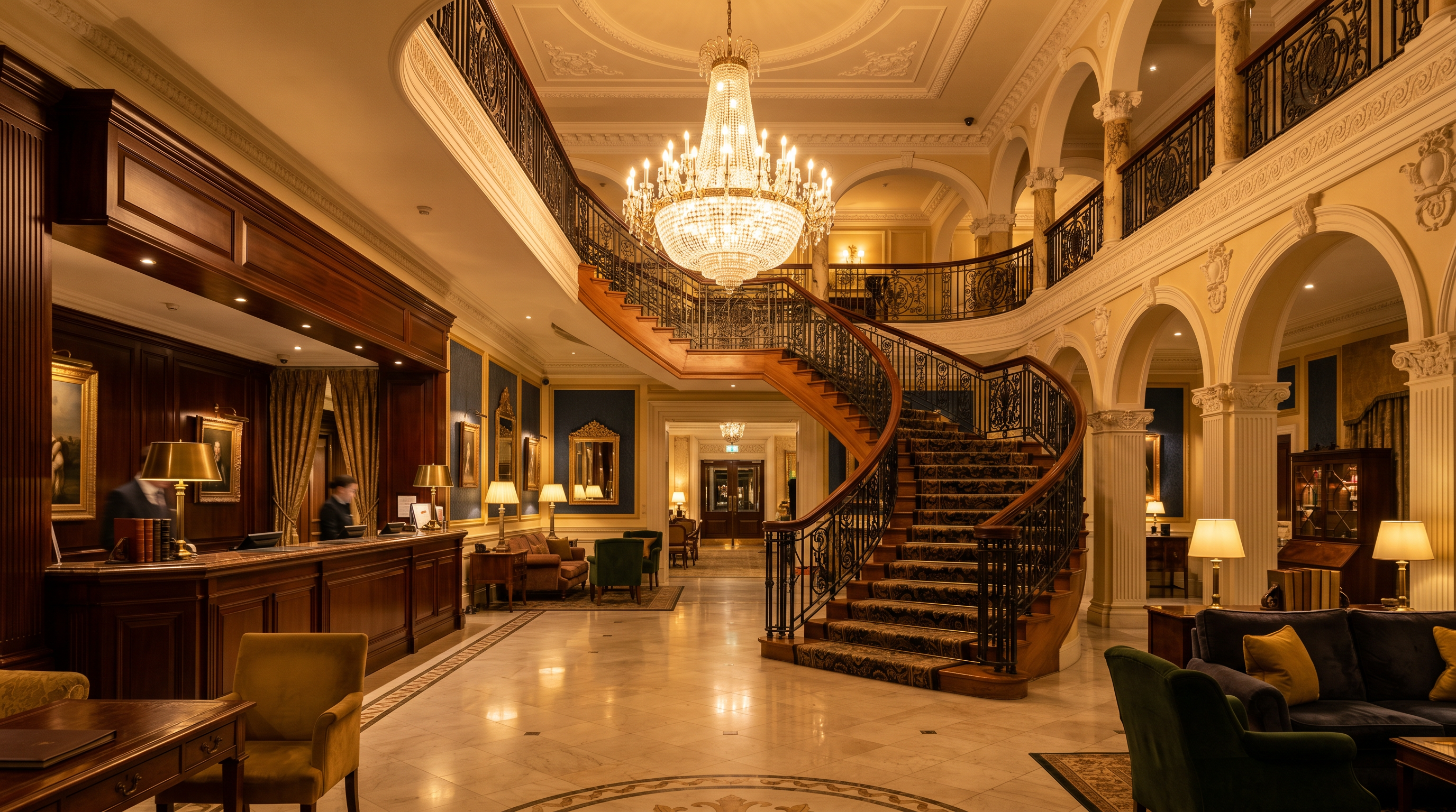 Elegant lobby of TopRatedUK hotel with grand staircase and chandelier