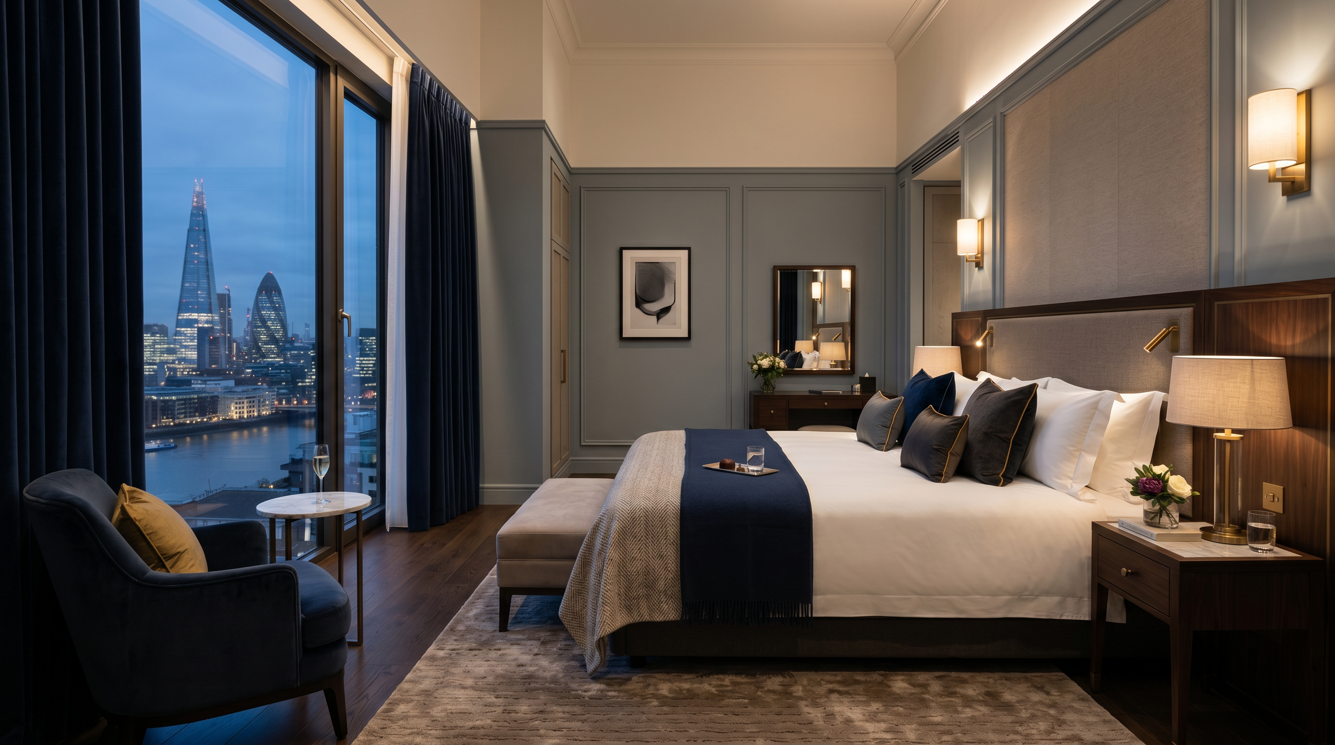 Luxury hotel suite bedroom with city view